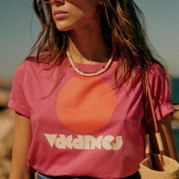 Sezane Vacances T-shirt - Sézane X Maddy Nye Rose / Multico - Size XS - Picture 1 of 5